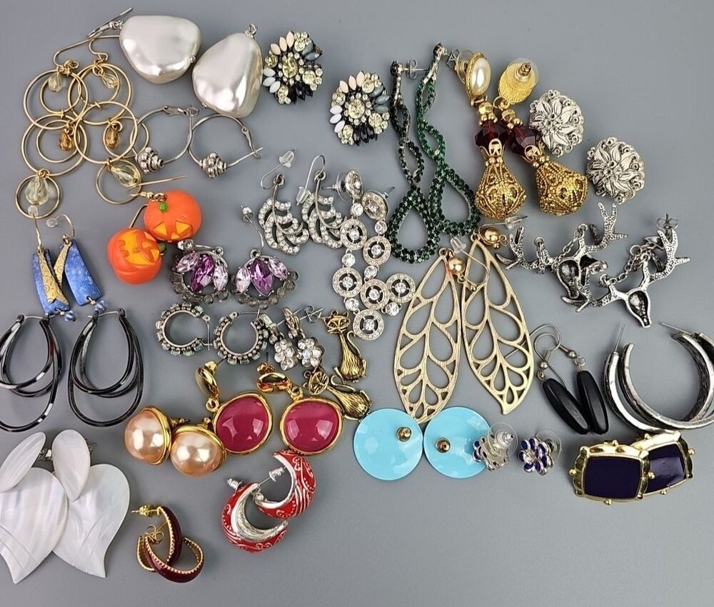 Vintage to Now 28 Sets of Earrings Lot Pierced Post Rhinestones Dangle Lucite
